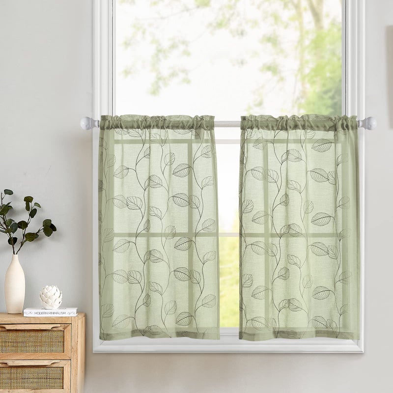 Topick Sage Green Sheer Kitchen Cafe Curtains Leaf Embroidered Voile Tiers Short Half Window Semi Sheer RV Camper Curtains Farmhouse Small Door Bathroom Basement Drapes 36 Inch Rod Pocket 2 Panels - Image 1